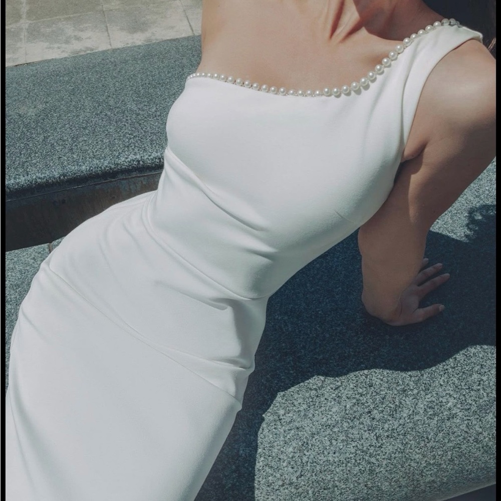 Pearl-Trim White one shoulder Dress